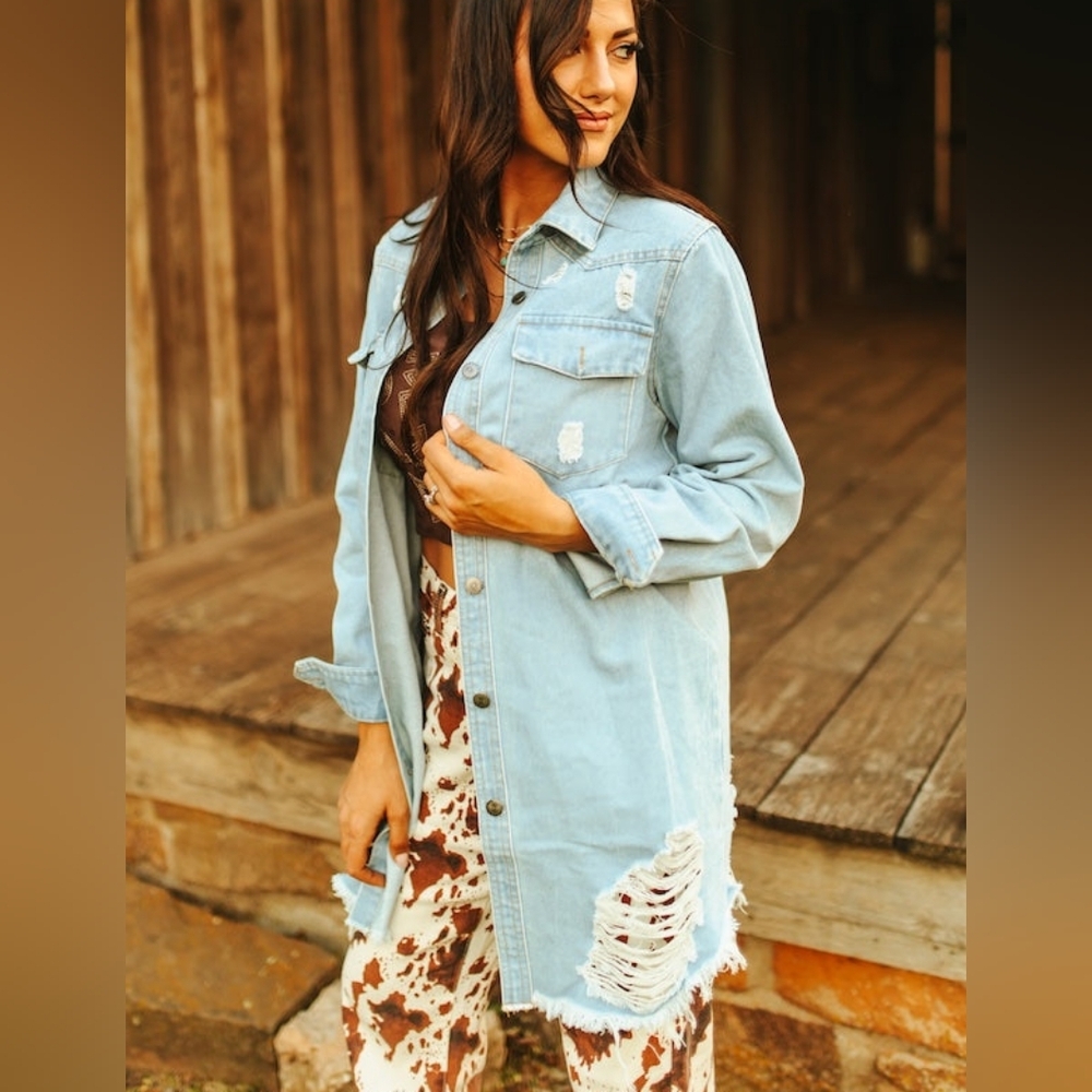 NWT Stylish Distressed Light Blue Denim Jacket Top